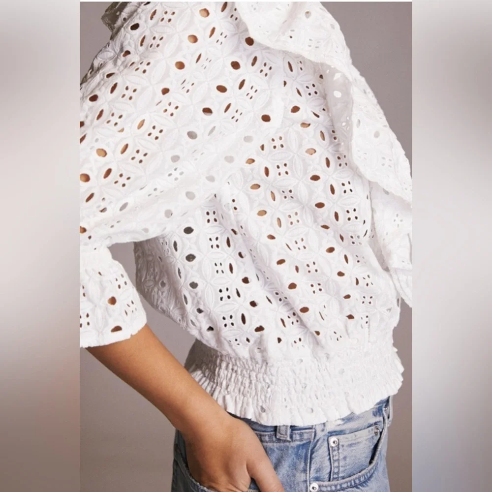 Anthropologie Porridge Size XS White Eyelet Ruffled Puff Sleeve Blouse